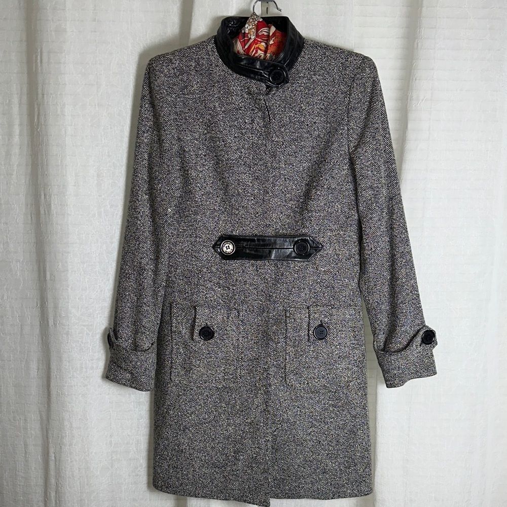 bebe 8 Black White Houndstooth Vintage Style Faux Leather Trim Coat Jacket